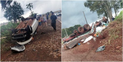 Imagem referente a Acidente grave em Pato Bragado: carro e caminhão capotam em colisão