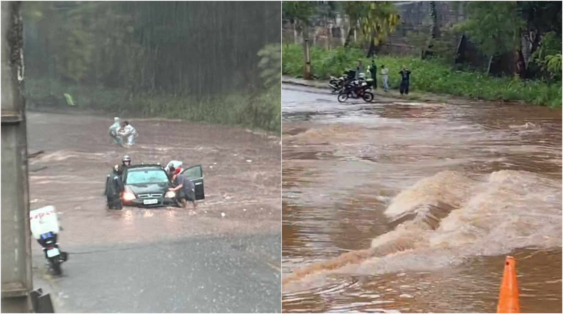 Rio sobe um metro acima da ponte na Rua Souza Naves Sul durante o temporal