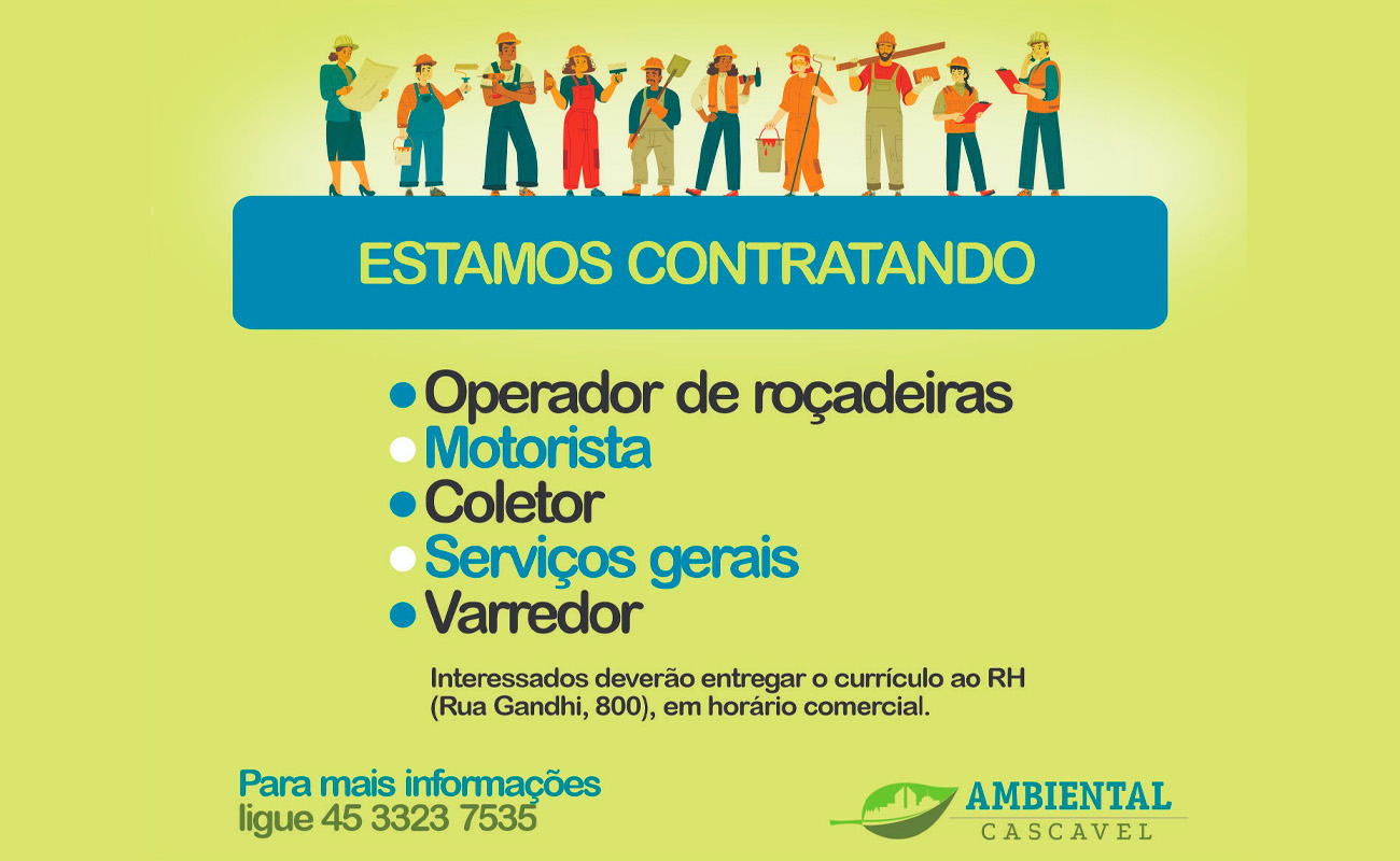 Ambiental Cascavel abre vagas de emprego para diversas funções operacionais Ambiental Cascavel abre vagas de emprego para diversas funções operacionais