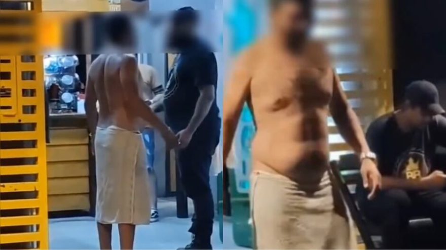 De, de sainha… Vestido apenas com toalha, homem é barrado em conveniência