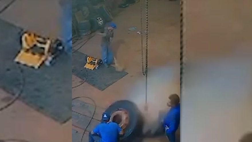 Explosão chocante: borracheiro é arremessado após pneu de caminhão estourar em oficina