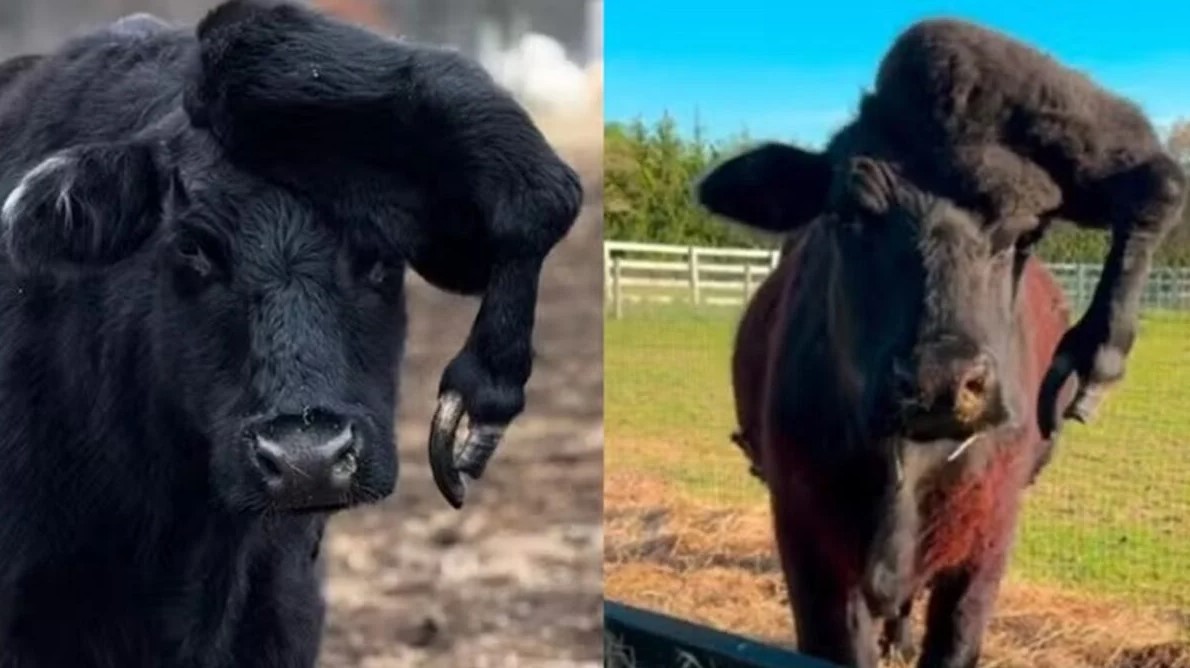 Vaca escapa do abate por ter uma pata extra na cabeça e ganha nova vida em santuário Vaca escapa do abate por ter uma pata extra na cabeça e ganha nova vida em santuário