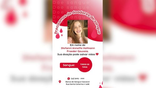 Internada em UTI, Stefanni Annette Hofmann Froeder Gouveia precisa de doadores de sangue Imagem referente a Internada em UTI, Stefanni Annette Hofmann Froeder Gouveia precisa de doadores de sangue
