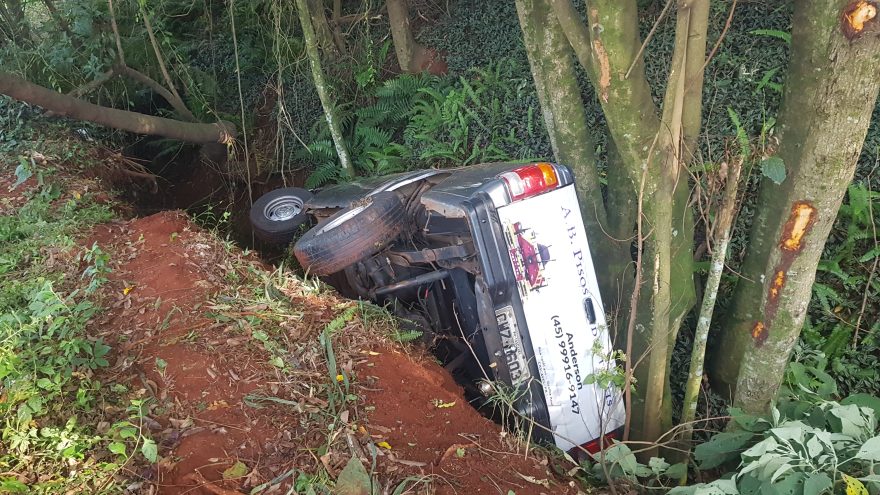 Caminhonete capota e para entre árvores na BR-277, em Cascavel