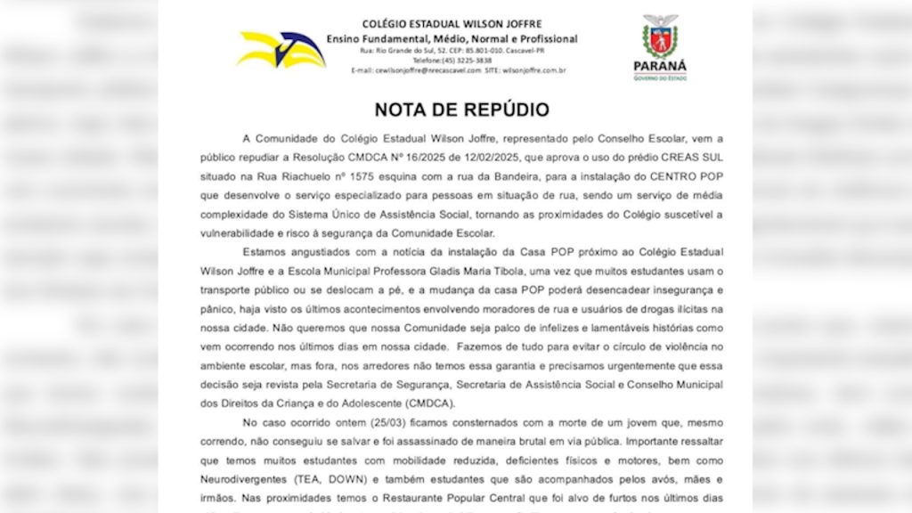 Centro-Pop ao lado de escolas? Comunidade escolar se posiciona contrária à instalação