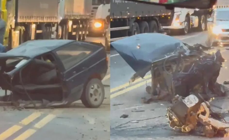 Nasceu de novo! Carro parte ao meio em acidente com caminhões, e motorista sofre ferimentos leves
