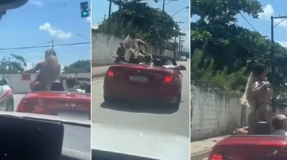 Influencer rebola e mostra seios para policiais em carro conversível; veja o vídeo