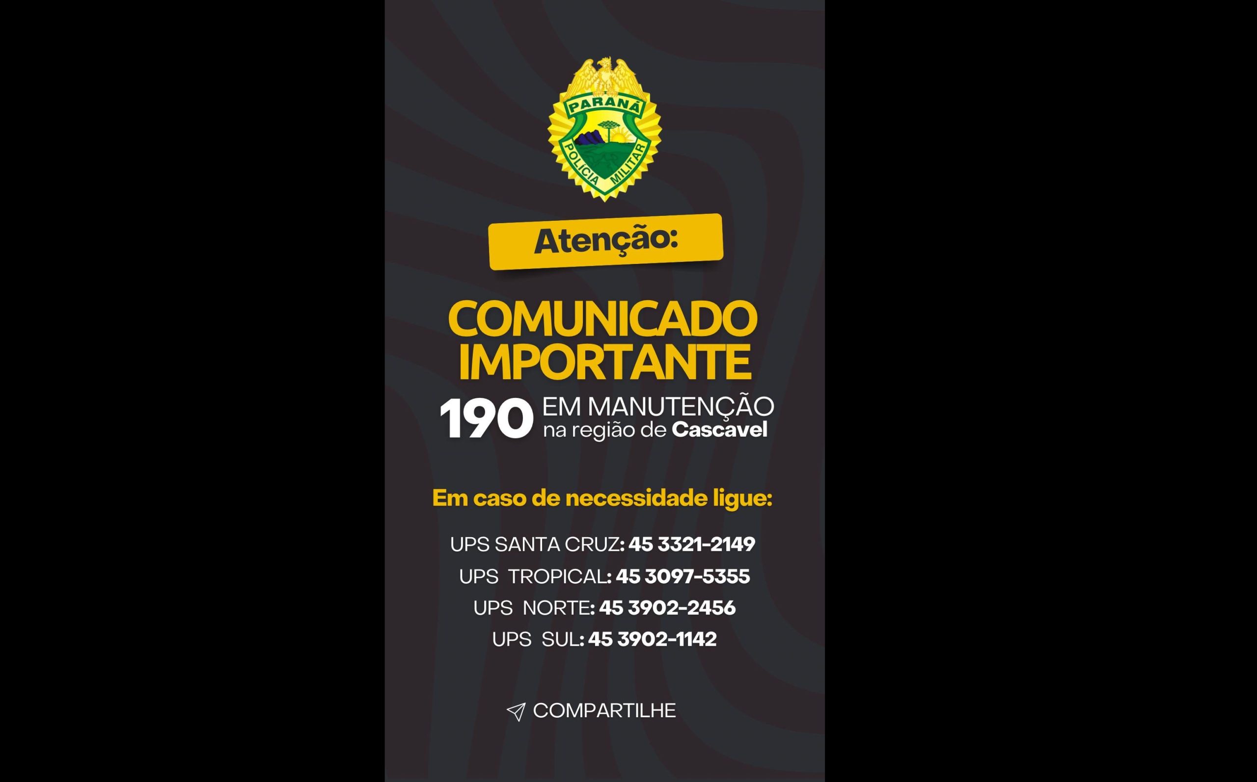 Número de emergência 190 está em manutenção em Cascavel: saiba como acionar a PM