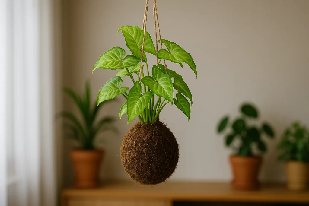 Singônio em kokedama: o toque tropical que combina com qualquer ambiente