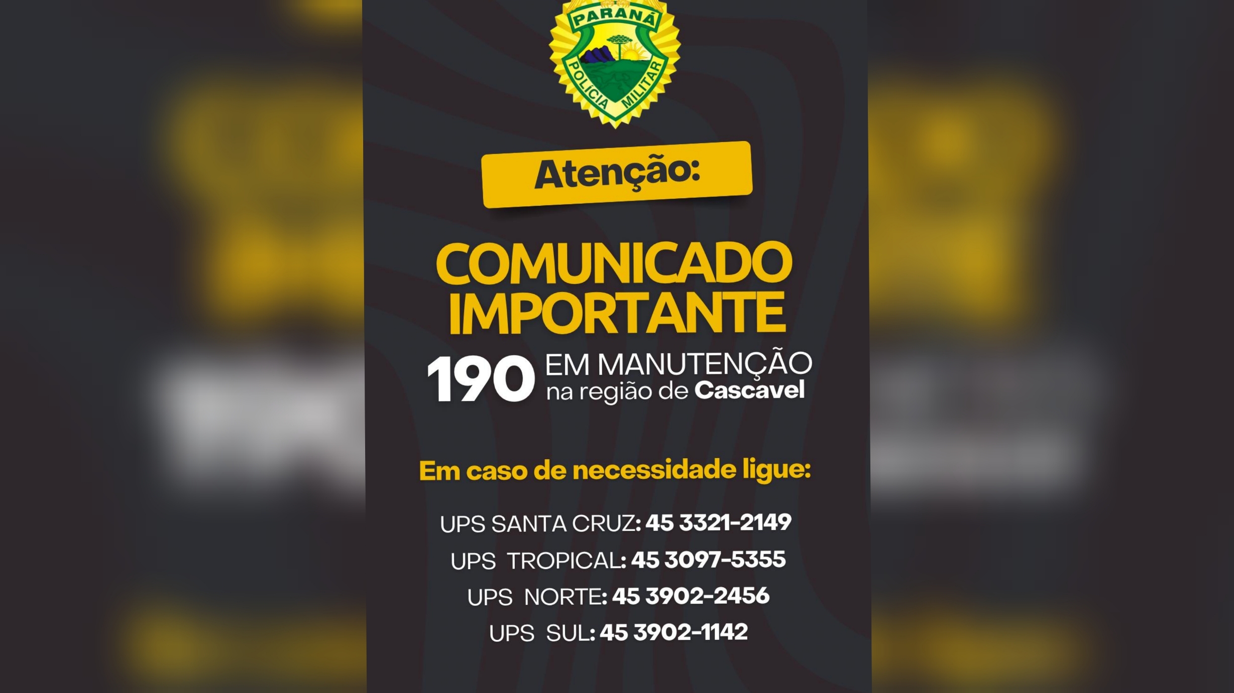 Número 190 da PM está em manutenção em Cascavel; saiba como chamar a polícia