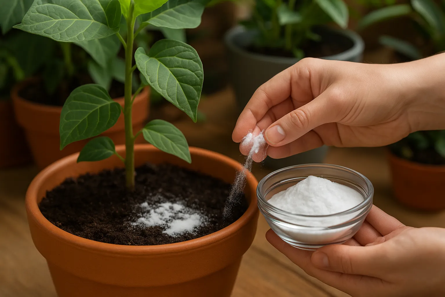O que acontece quando você joga bicarbonato na terra do vaso das suas plantas?
