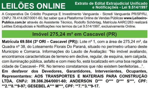 Leilão extrajudicial de imóvel urbano em Cascavel tem lance inicial de R$ 117.351,48