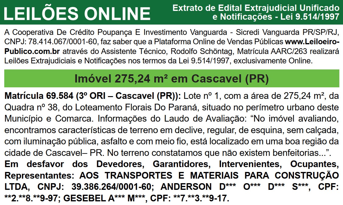 Leilão extrajudicial de imóvel urbano em Cascavel tem lance inicial de R$ 117.351,48 Leilão extrajudicial de imóvel urbano em Cascavel tem lance inicial de R$ 117.351,48