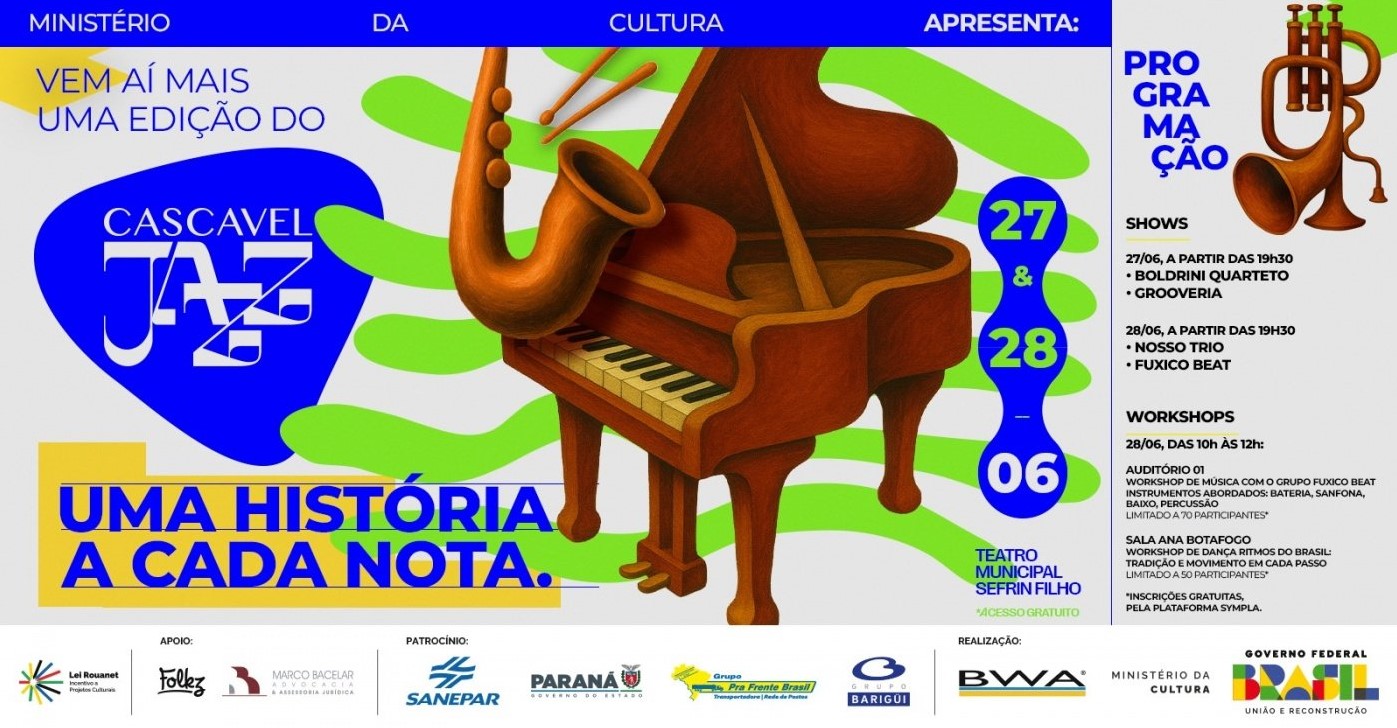 Ingressos para o Cascavel Jazz já estão disponíveis gratuitamente pela internet Ingressos para o Cascavel Jazz já estão disponíveis gratuitamente pela internet