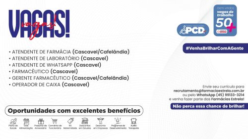 Farmácias Estrela abre novas vagas de emprego em Cascavel e Cafelândia Imagem referente a Farmácias Estrela abre novas vagas de emprego em Cascavel e Cafelândia