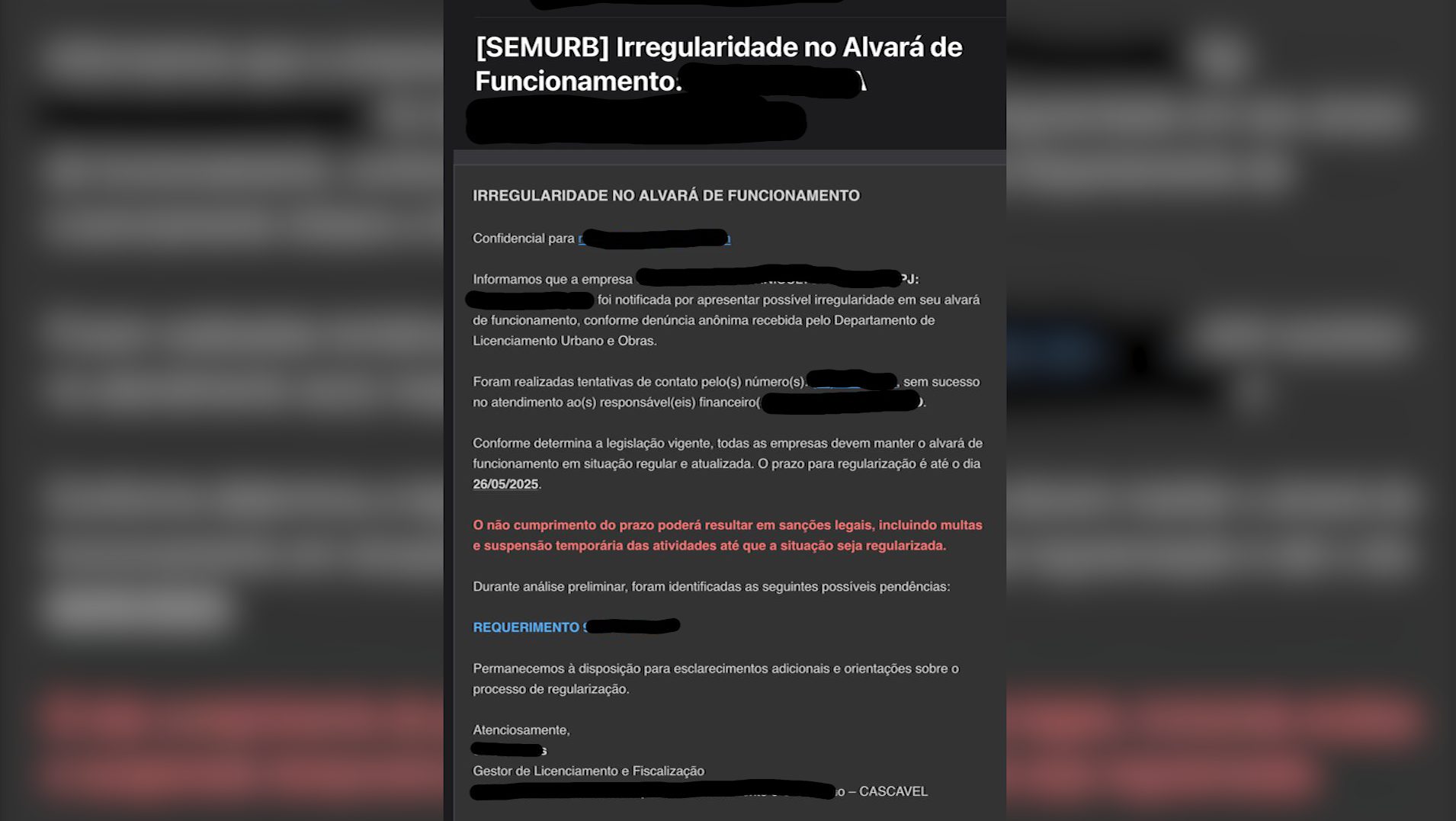 Golpe do Licenciamento Ambiental usa nome da Secretaria de Meio Ambiente de Cascavel Golpe do Licenciamento Ambiental usa nome da Secretaria de Meio Ambiente de Cascavel
