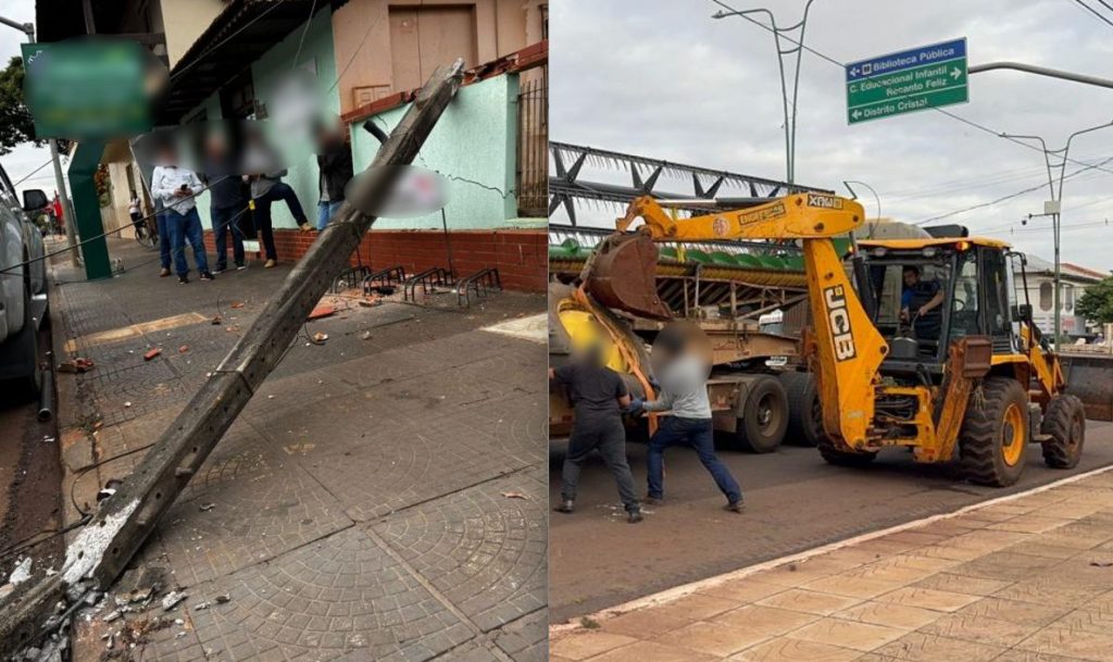 Caminhão carregado com colheitadeira derruba poste e causa prejuízos em Nova Santa Rosa