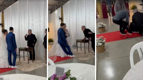 Noivo desmaia de ansiedade no altar e vira sensação na internet; veja vídeo Imagem referente a Noivo desmaia de ansiedade no altar e vira sensação na internet; veja vídeo