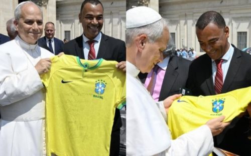 Cafu presenteia papa Leão XIV com camisa da Seleção Brasileira Cafu presenteia papa Leão XIV com camisa da Seleção Brasileira