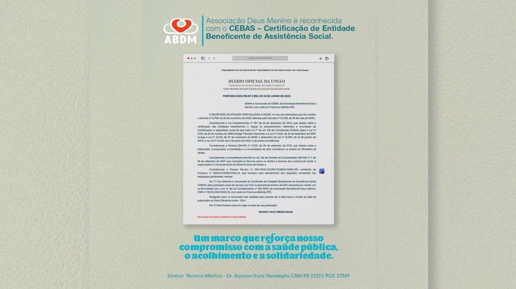 Associação Deus Menino, de Francisco Beltrão, conquista certificação federal de entidade beneficente Associação Deus Menino, de Francisco Beltrão, conquista certificação federal de entidade beneficente