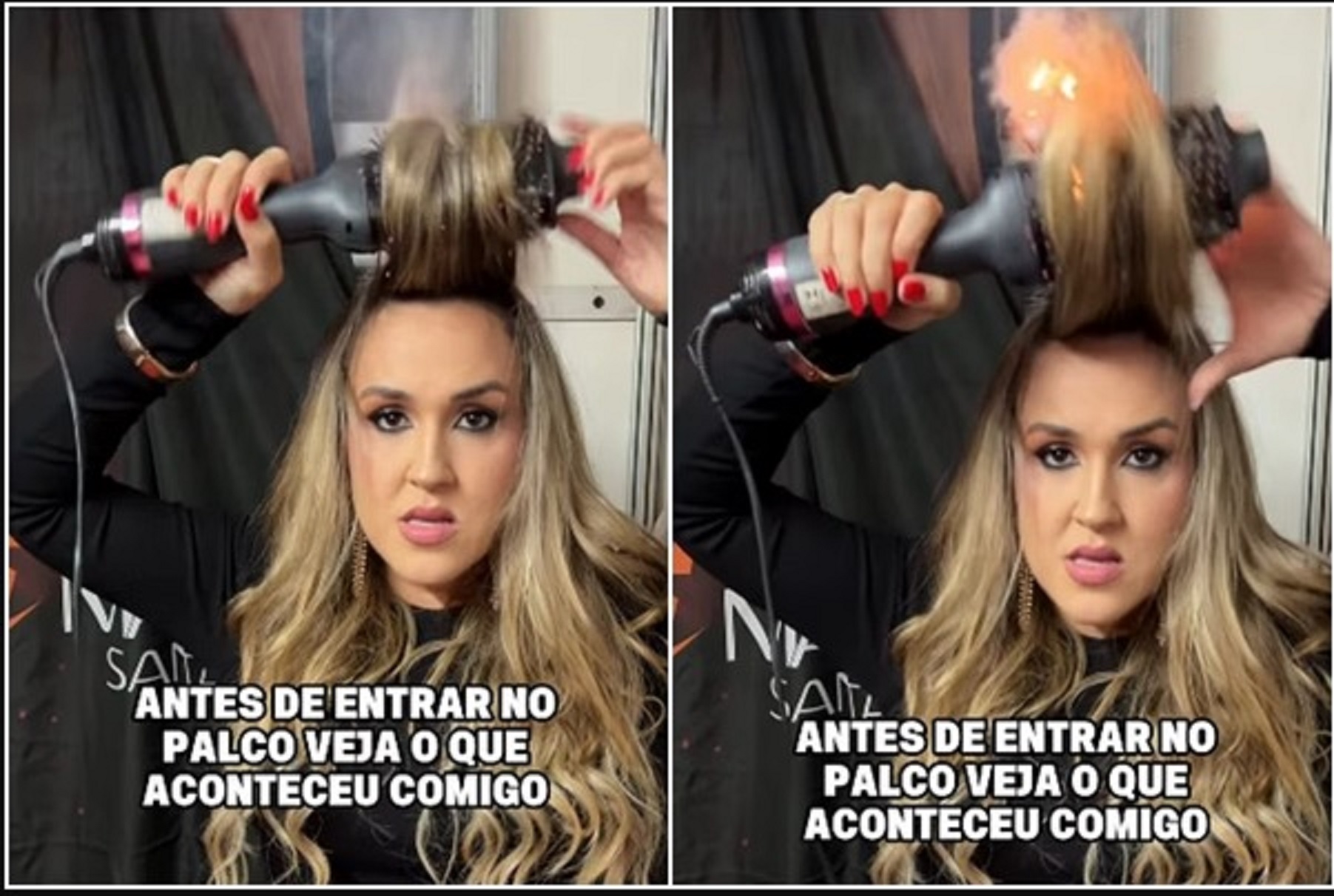 Cantora de forró Mayara Santana passa por susto com escova em chamas antes de show