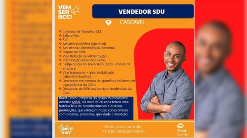 Brasil Center oferece vaga de vendedor SDU em Cascavel Imagem referente a Brasil Center oferece vaga de vendedor SDU em Cascavel