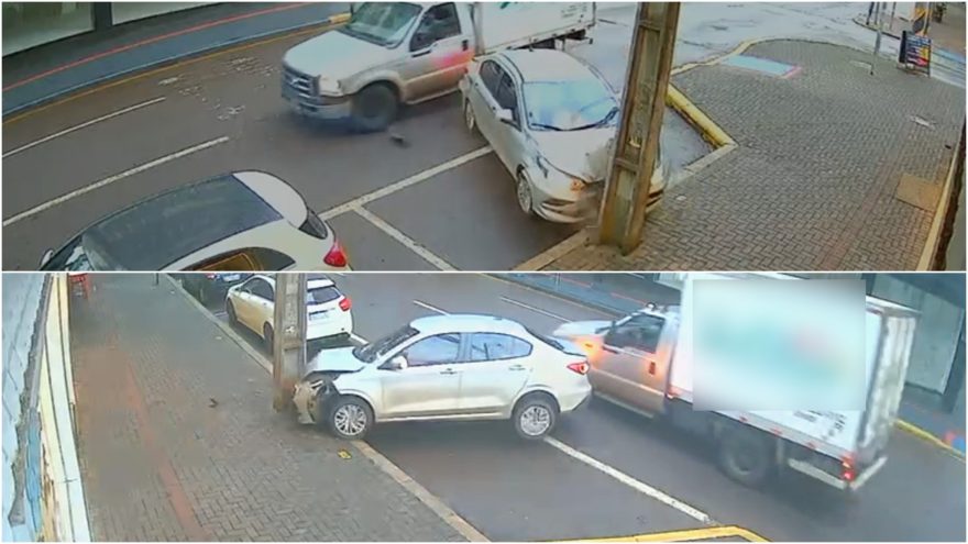 Câmeras registram acidente entre caminhonete e Fiat Cronos na Rua Paraná