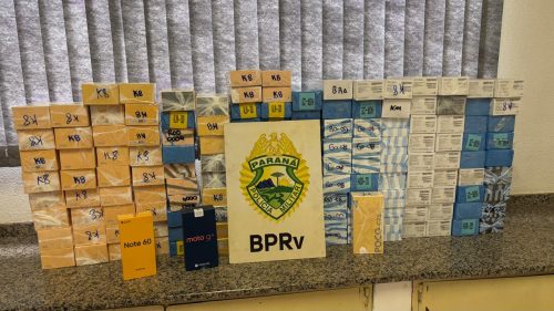 BPRv apreende veículo com 153 celulares contrabandeados na BR-277, em Santa Tereza do Oeste Imagem referente a BPRv apreende veículo com 153 celulares contrabandeados na BR-277, em Santa Tereza do Oeste