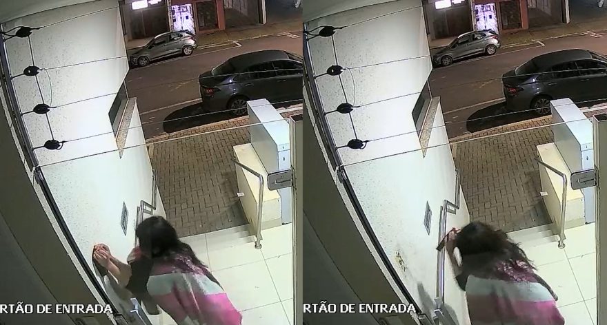 Vídeo mostra moradora de rua arrancando interfone em prédio de Cascavel