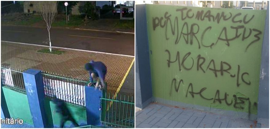 Vândalos encapuzados picham associação de moradores do Periolo e câmeras entregam dupla