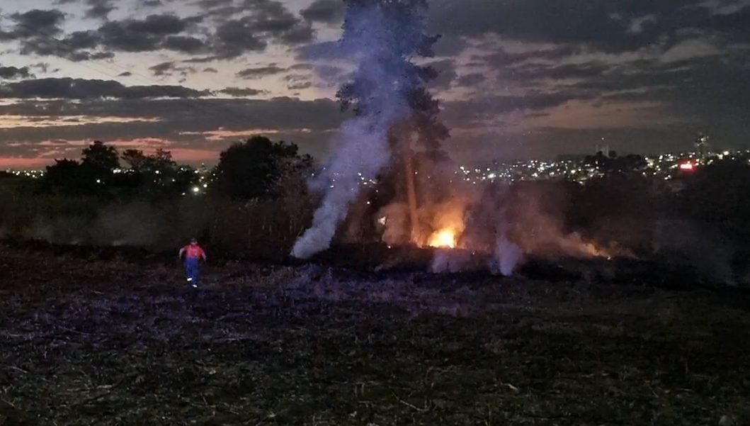 Bombeiros combatem incêndio em área de vegetação na Rua Carijós