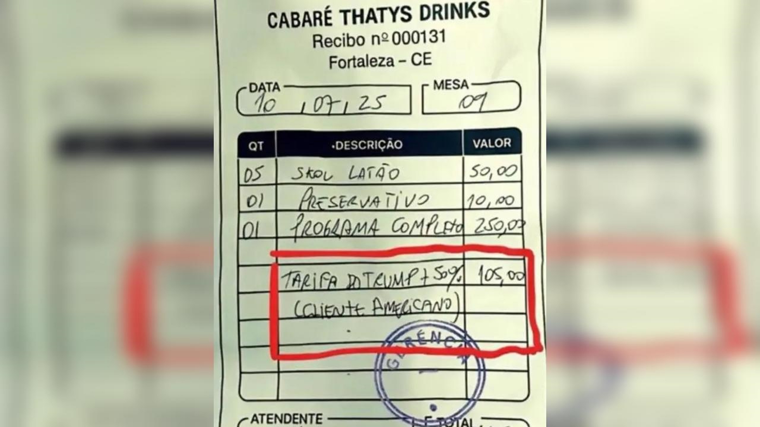 Recibo de cabaré viraliza ao aplicar "tarifa do Trump" a turista norte-americano Recibo de cabaré viraliza ao aplicar "tarifa do Trump" a turista norte-americano