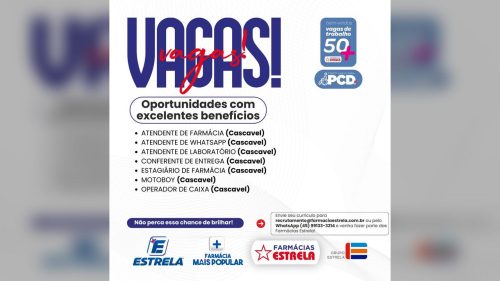 Farmácias Estrela abrem novas vagas de emprego em Cascavel com benefícios atrativos Imagem referente a Farmácias Estrela abrem novas vagas de emprego em Cascavel com benefícios atrativos
