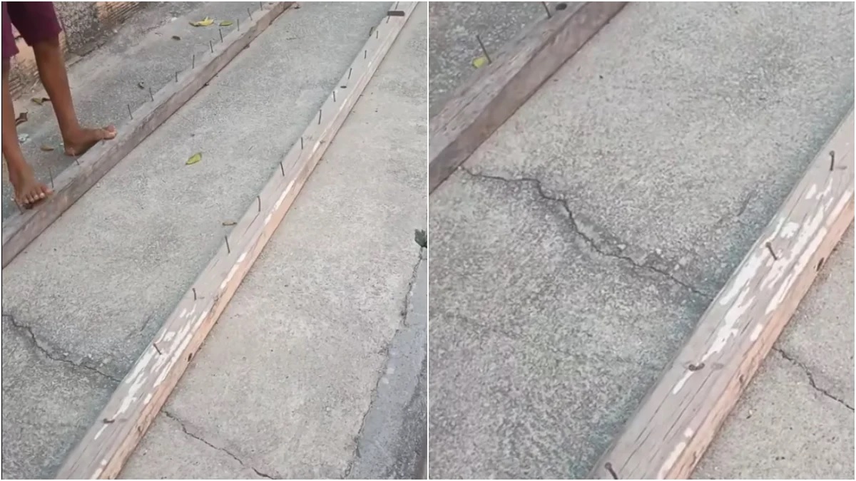 Morador instala pregos no chão para impedir que crianças brinquem na calçada