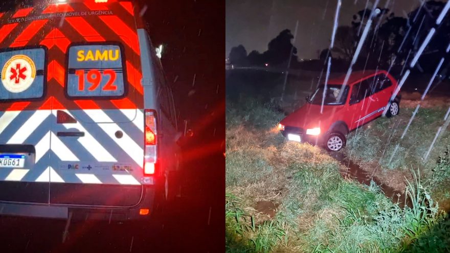 Fiat Uno sai da pista e cai em canteiro central da BR-467, em Cascavel