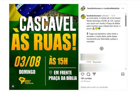 Vereador convoca ato em Cascavel em defesa da liberdade, justiça e verdade Imagem referente a Vereador convoca ato em Cascavel em defesa da liberdade, justiça e verdade