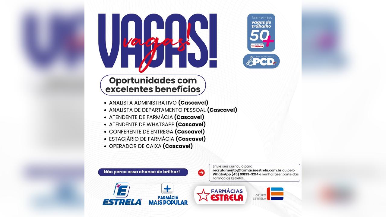 Farmácias Estrela abre vagas de emprego com foco em inclusão em Cascavel Farmácias Estrela abre vagas de emprego com foco em inclusão em Cascavel