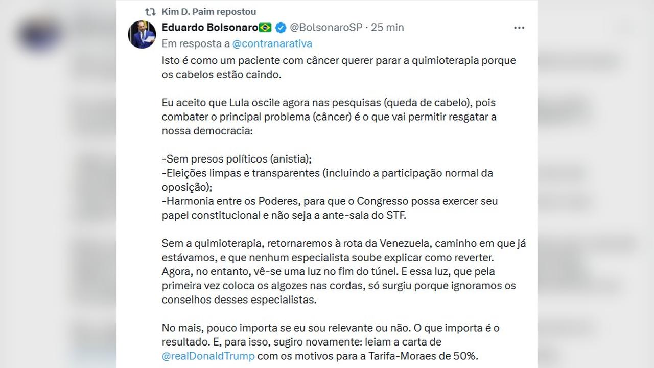Eduardo Bolsonaro ataca Lula e diz que Brasil precisa de ‘quimioterapia’ ou vira nova Venezuela