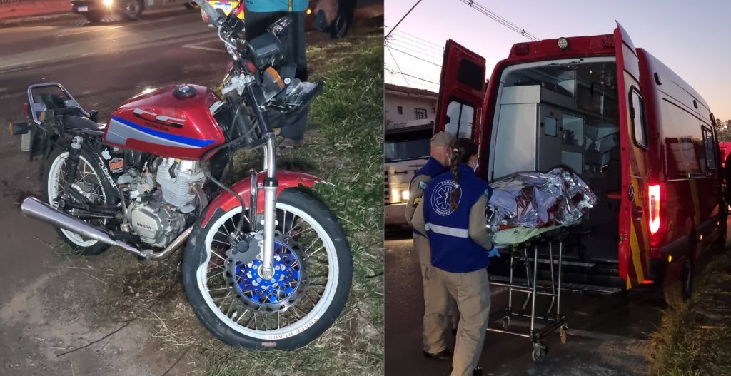 Forte batida entre moto e Parati na Rua Jorge Lacerda deixa motociclista ferido