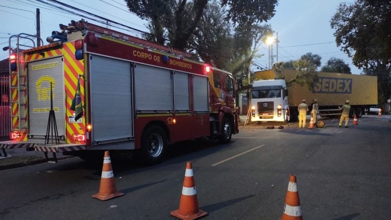 Galho “abraça” carreta dos Correios e mobiliza bombeiros