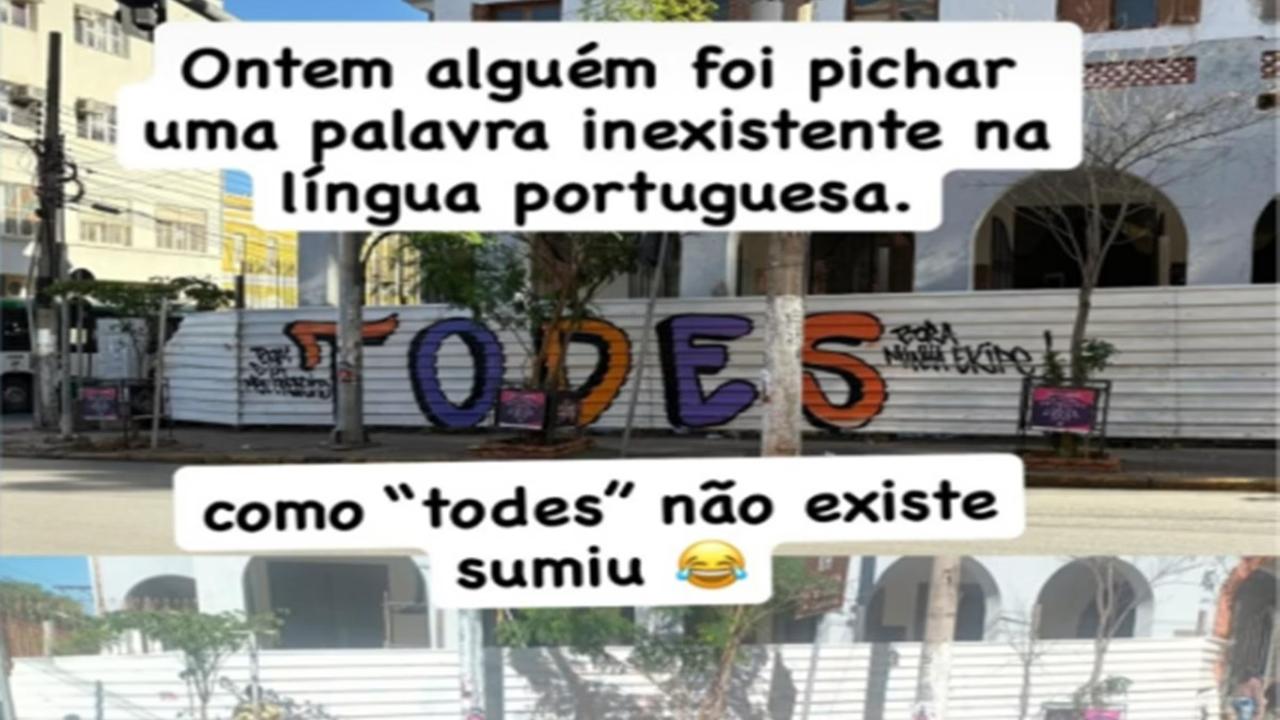 "Todes não existe": pichação em praça é apagada "Todes não existe": pichação em praça é apagada
