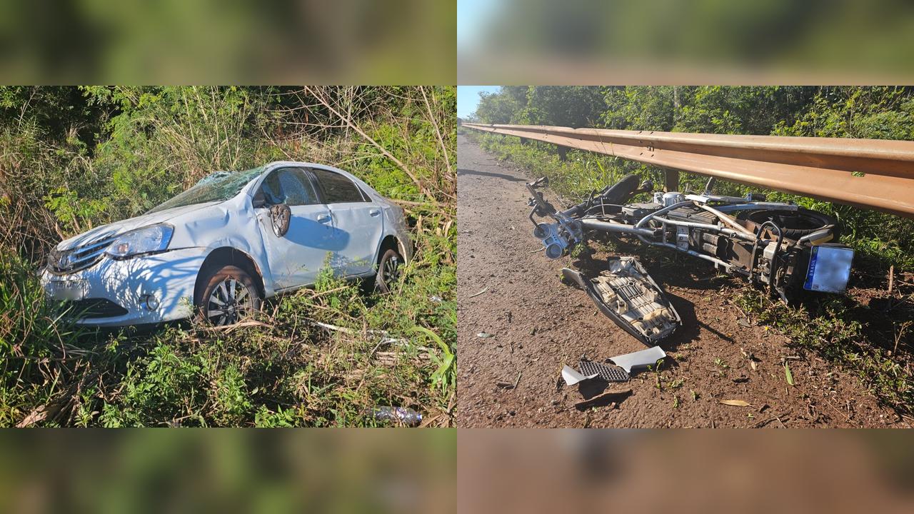 Carro capota e atinge motocicleta na BR-163, em Toledo Carro capota e atinge motocicleta na BR-163, em Toledo