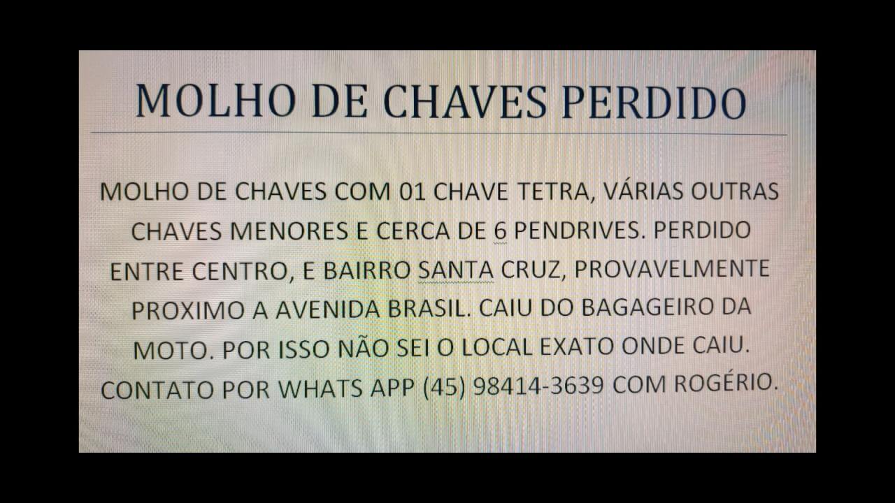 Foi perdido uma chave no bairro Centro