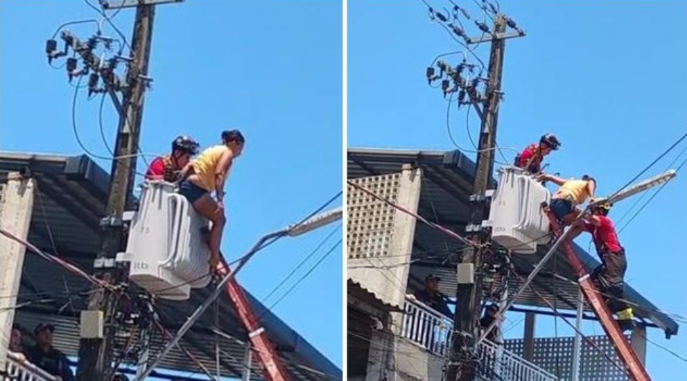 Mulher sobe em poste e senta sobre transformador; Bombeiros evitam tragédia
