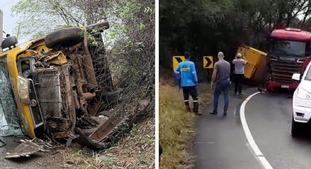 Carreta e van batem na saída de São João e veículo menor vai parar no barranco