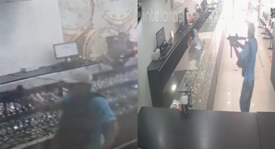 Veja momento em que bandidos armados com metralhadora assaltam loja de relógios