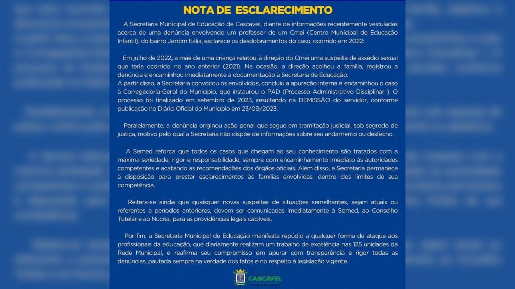 O que diz a Semed sobre a denúncia de assédio em Cmei? Confira