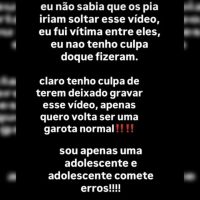 Imagem referente a Pronunciamento atribuído à adolescente envolvida em suruba é publicado nas redes sociais