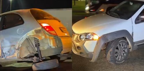 Ford Ka tem roda arrancada em colisão contra Strada na BR-277 em Cascavel Imagem referente a Ford Ka tem roda arrancada em colisão contra Strada na BR-277 em Cascavel