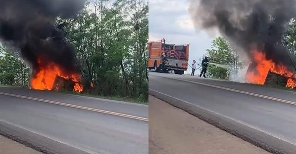 Hilux com quatro ocupantes capota e é consumida por incêndio na BR-163